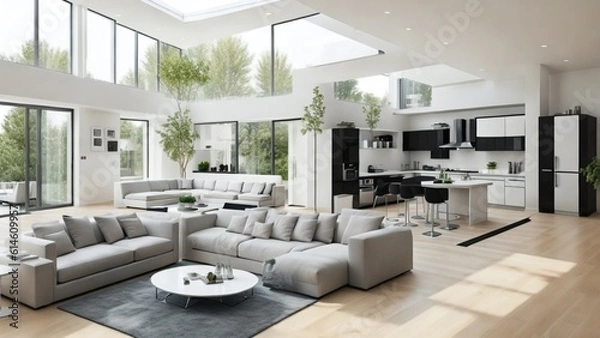Obraz Living Room and Kitchen Layout Interior Design of a Modern House with Minimalistic Design. Mid-century design of a modern kitchen and living room combined in a contemporary and open-concept layout.
