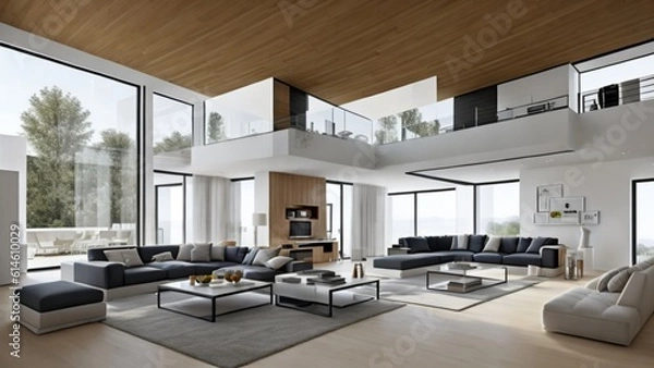 Obraz Living Room and Kitchen Layout Interior Design of a Modern House with Minimalistic Design. Mid-century design of a modern kitchen and living room combined in a contemporary and open-concept layout.