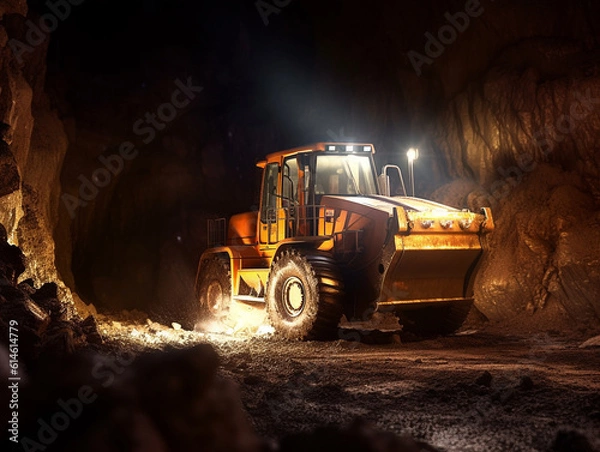 Fototapeta bulldozer working in the night with light