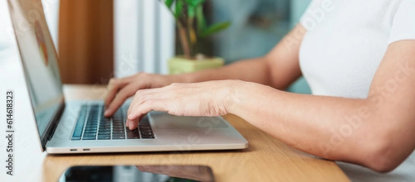 Fototapeta Casual Businesswoman using laptop, freelance woman typing keyboard computer notebook in cafe or modern office. technology, digital online and network concept