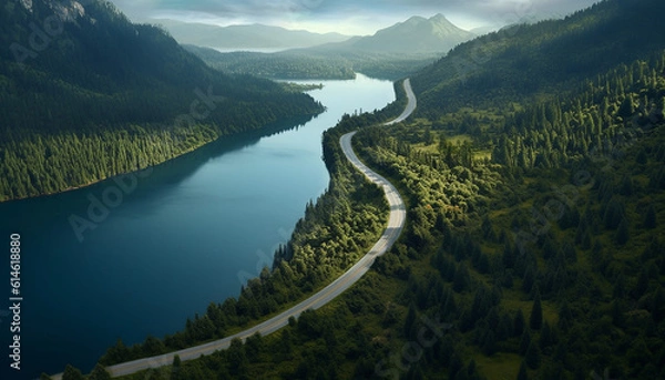 Obraz Lake, road and forest in the morning with mountains, Generative AI illustration