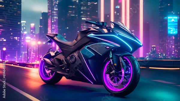 Fototapeta A futuristic motorcycle through a cutting-edge urban landscape created with Generative AI Tools
