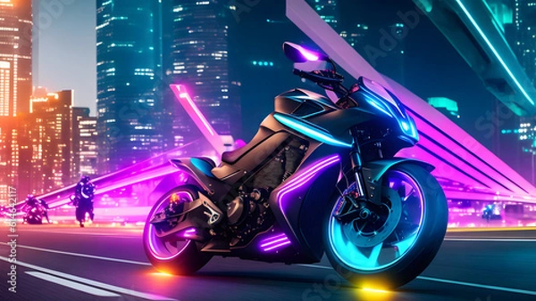 Fototapeta A futuristic motorcycle through a cutting-edge urban landscape created with Generative AI Tools