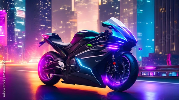 Fototapeta A futuristic motorcycle through a cutting-edge urban landscape created with Generative AI Tools
