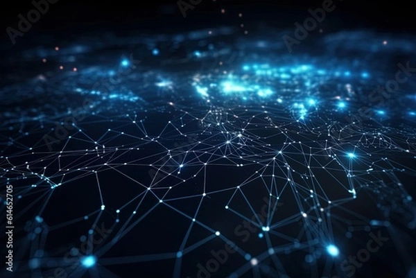 Obraz Interconnected Horizons: A captivating blend of technology and metaphor, abstract connectivity lines converge to symbolize the interconnectedness of our digital world. Generative Ai