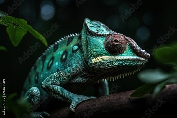 Fototapeta  A solitary chameleon gracefully perches on a forest branch, blending seamlessly with its surroundings, showcasing nature's remarkable adaptations.. Generative Ai