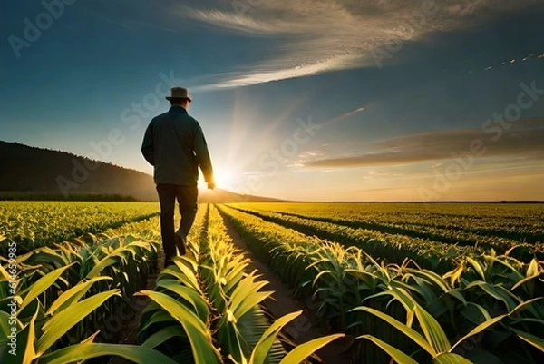 Fototapeta farmer walk in corn field  and sunrise