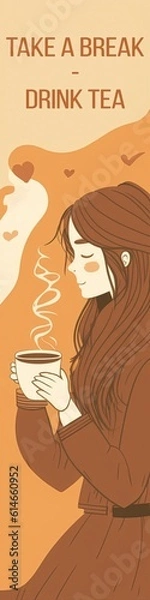 Fototapeta Woman holding Cup of Tea Bookmark Design 2x8 inches Created with Generative AI Tools