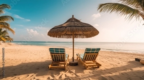 Fototapeta lounge chairs and umbrella on the beach in Goa . generative AI