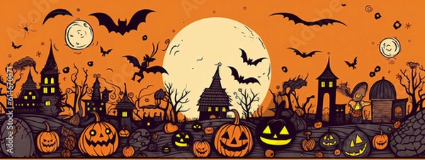 Fototapeta Illustration of Happy Halloween background in line art style on orange background, minimal concept, copy space. AI generated