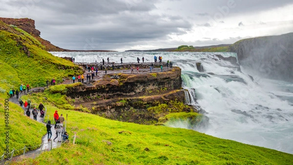 Fototapeta Wonderful waterfall Gullfoss, Golden waterfall in South West Iceland, with many tourists