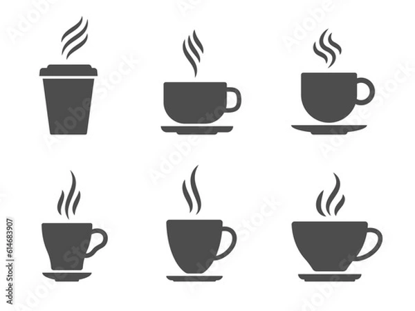 Fototapeta Cup with steam icon. Coffee cup with steam, black silhouette mug with espresso, hot vapouring drink. Vector flat set