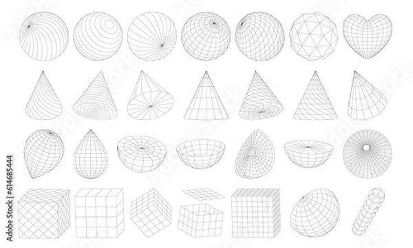 Fototapeta A set of frame geometric shapes. Surface grid and sphere ball, cubes, cones, hemispheres, heart. Retro futuristic grids, 3D mesh objects. Isolated Vector Graphic elements inspired by cyberpunk style.