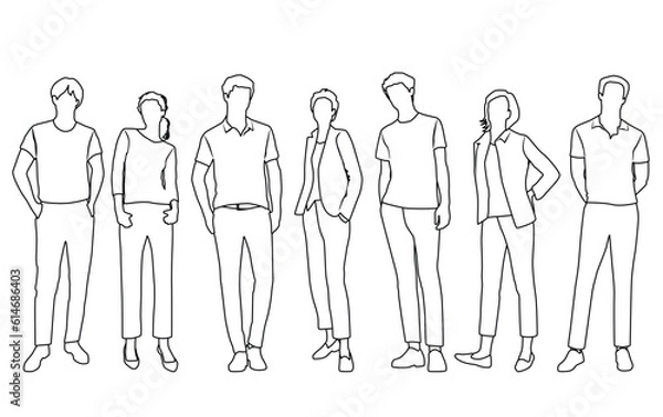 Fototapeta Vector silhouettes of  men and a women, a group of standing  business people,  linear sketch, black and white color isolated on white background