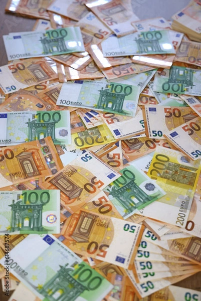 Obraz Euro banknotes on the table. Close up of euro cash money background, concept of finance and good earnings
