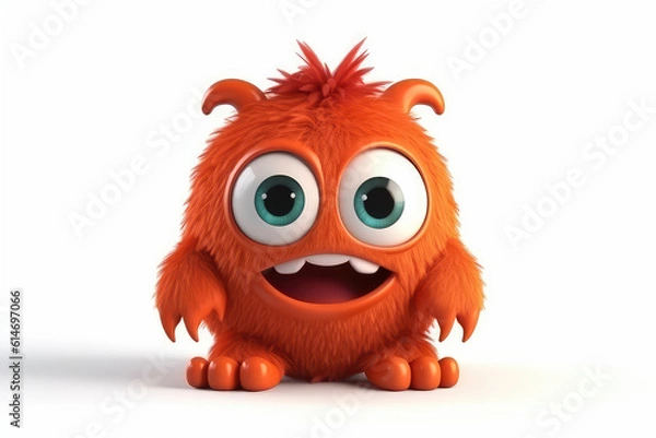 Fototapeta Orange fluffy cartoon character monster isolated on white background. Monster with horns, funny mascot. Generative AI 3d render illustration imitation.