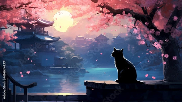 Fototapeta Cute black cat sitting in garden alone under cherry blossoms trees watching japanese scenery at night, Fuji mount in the background with night lights from moon and old castle with water reflection
