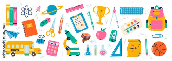 Fototapeta School elements set. Vector flat illustration in hand drawn style. Back to school