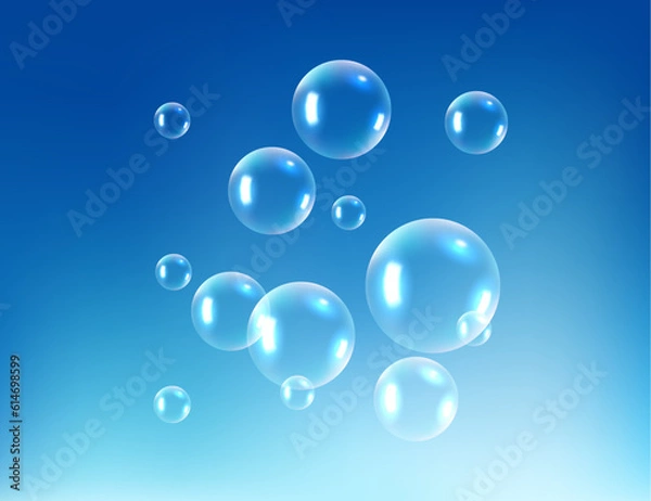 Fototapeta Vector blue wash bubble background. Soap bubble background liquid transparent foam concept design.
