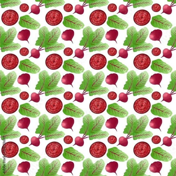 Obraz Watercolor pattern, beet slice pattern, leaf, white background, pattern for packaging menu design, pattern for fabric, toys ,seamless pattern 