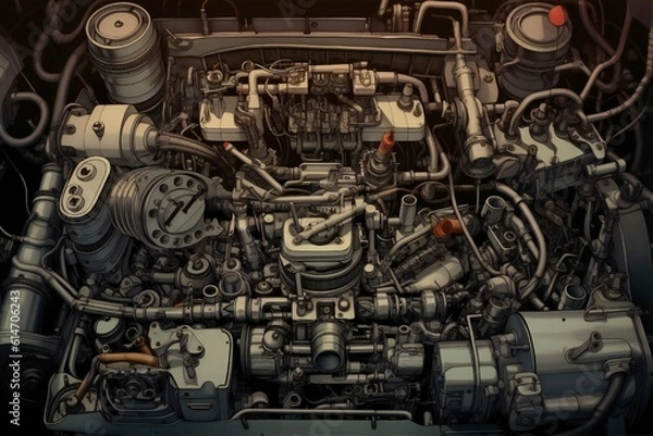Fototapeta Old antique car engine closeup Generative AI