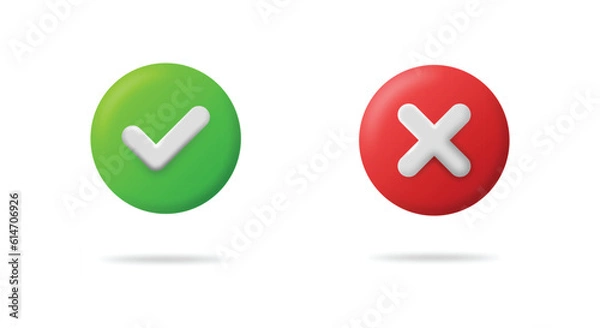 Fototapeta 3D confirmed and reject buttons with shadow and highlight. Check mark 3D vector icons. Approved and X check mark web icon.