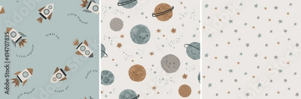 Fototapeta Hand drawn cosmos pattern set. Cute planets, stars and spaceship abstract patterns. Perfect for kids fabric, textile, nursery wallpaper. Vector illustration.