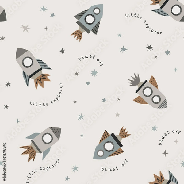 Fototapeta Cute rockets and stars. Hand drawn cosmos pattern. Little explorer space blast off. Perfect for kids fabric, textile, nursery wallpaper. Vector illustration.