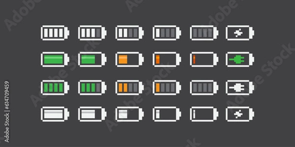 Fototapeta Simple 8bit pixel art minimalistic set of  gadget battery level icons in retro style