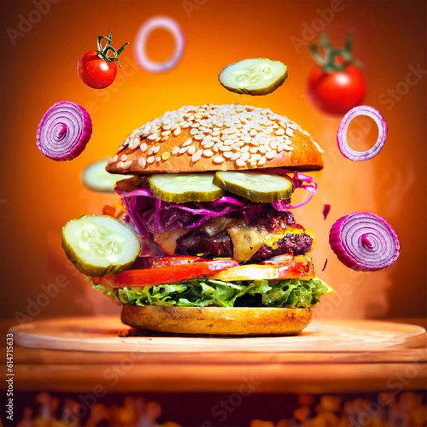 Obraz hamburger with cheese and flying  vegetables