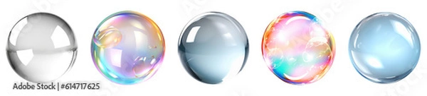 Fototapeta Set of realistic transparent colorful soap bubbles with rainbow reflection isolated on transparent background.