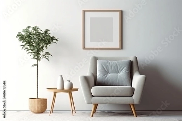 Fototapeta Blank picture frame mockup on gray wall. White living room design. generative AI