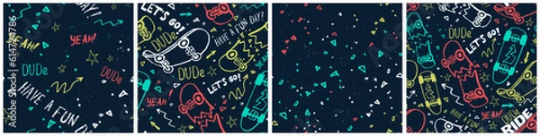 Obraz Skateboard seamless pattern. Hand drawn simple abstract shapes, dot, line. Skatepark summer beach vacation