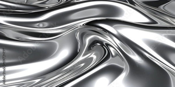 Fototapeta glossy silver metal fluid glossy chrome mirror water effect background backdrop texture 3d render illustration. Generative AI.