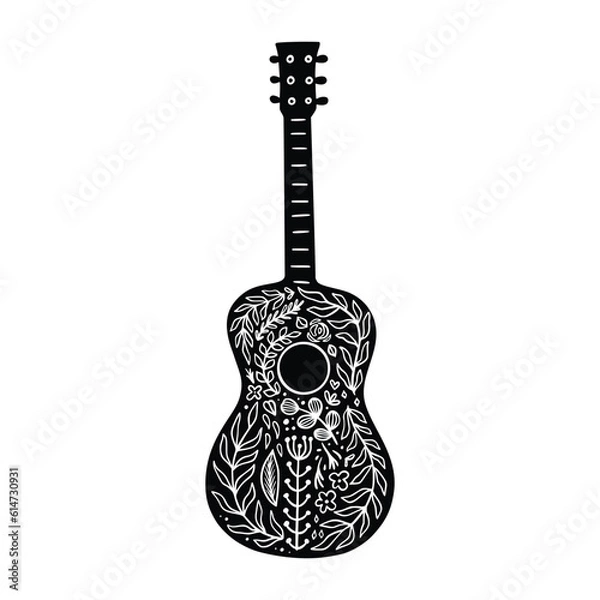 Obraz Boho decorated floral guitar. Trendy celestial bohemian symbol isolated on white background. Celestial hand drawn linocut guitar with flowers and leaves, wall art. Vector illustration for print