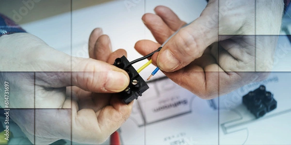 Fototapeta Electrician connecting wires in terminal block, geometric pattern