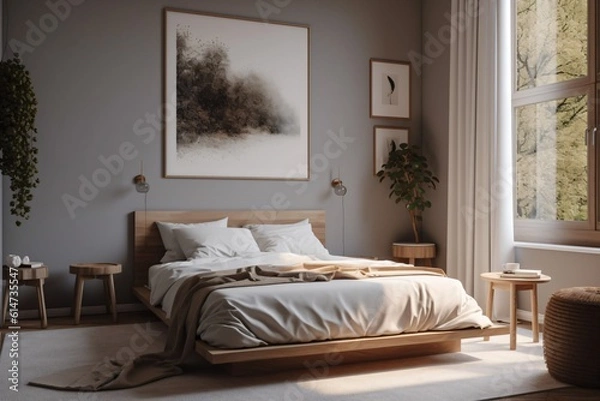 Obraz A minimalist bedroom with a white palette, a simple bed with clean lines, and a single piece of art hanging on the wall . Generative AI