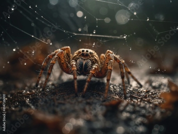 Fototapeta A macro shot of a spider weaving its web, highlighting the precision and intricacy of its craft . Generative AI