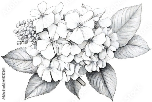 Fototapeta Hydrangea black lines stroke art on white background Generative AI