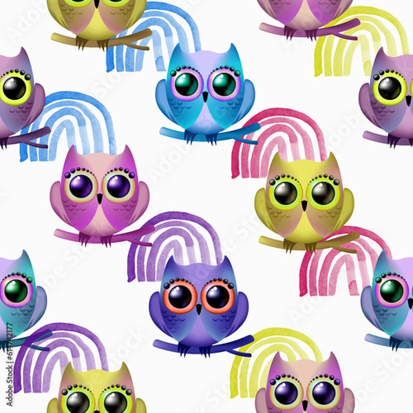 Fototapeta Seamless pattern of owls and rainbows on a white background. Bright colorful birds. The bird pattern is made in a flat style. Colorful funny cartoon.