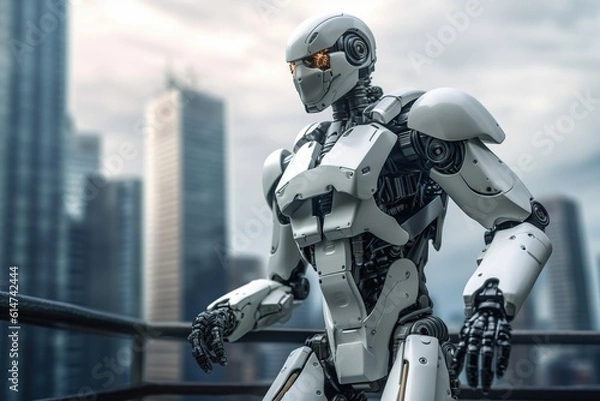 Fototapeta humanoid robot on the background of a big city. the concept of the future. generative ai.