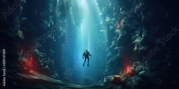 Fototapeta A tourist is diving in a cave with a beam of light shining down on him.