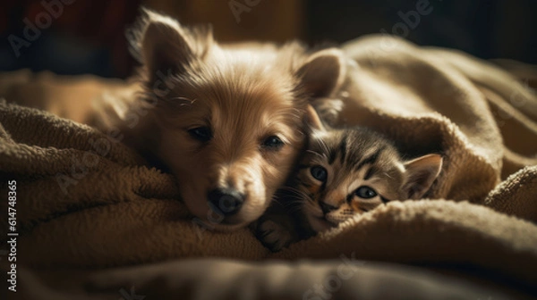 Fototapeta The photo depicts an adorable scene of a puppy and a kitten cuddled together, showcasing the pure innocence and sweetness of their bond. Their tiny bodies rest comfortably against each other, creating