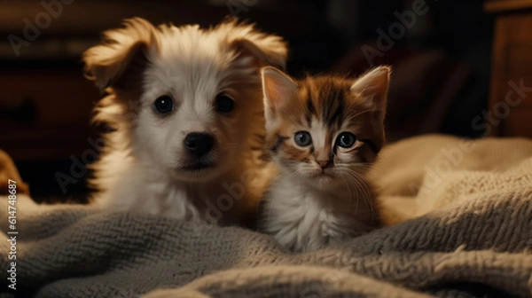 Fototapeta The photo depicts an adorable scene of a puppy and a kitten cuddled together, showcasing the pure innocence and sweetness of their bond. Their tiny bodies rest comfortably against each other, creating
