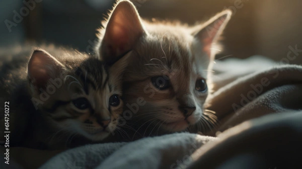 Fototapeta The photo depicts an adorable scene of a puppy and a kitten cuddled together, showcasing the pure innocence and sweetness of their bond. Their tiny bodies rest comfortably against each other, creating