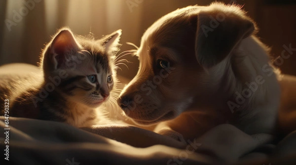 Fototapeta The photo depicts an adorable scene of a puppy and a kitten cuddled together, showcasing the pure innocence and sweetness of their bond. Their tiny bodies rest comfortably against each other, creating
