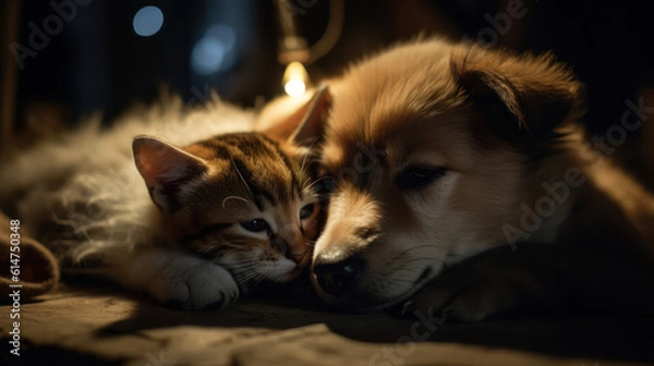 Fototapeta The photo depicts an adorable scene of a puppy and a kitten cuddled together, showcasing the pure innocence and sweetness of their bond. Their tiny bodies rest comfortably against each other, creating