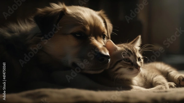 Fototapeta The photo depicts an adorable scene of a puppy and a kitten cuddled together, showcasing the pure innocence and sweetness of their bond. Their tiny bodies rest comfortably against each other, creating