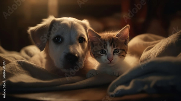 Fototapeta The photo depicts an adorable scene of a puppy and a kitten cuddled together, showcasing the pure innocence and sweetness of their bond. Their tiny bodies rest comfortably against each other, creating