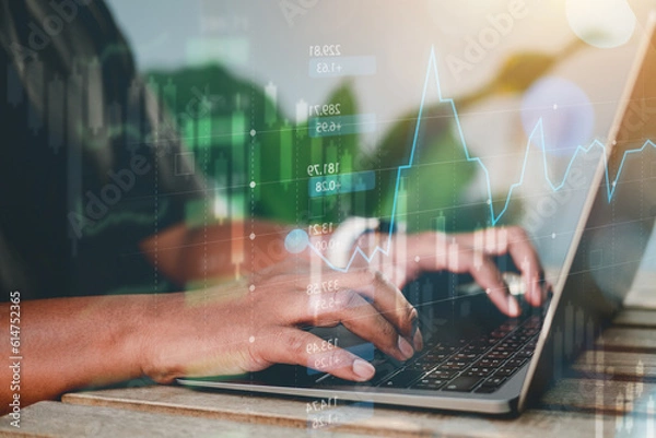 Fototapeta Concept Planning and strategy, Stock market, Hands of business people working at coffee shop. Technical price graph and indicator, Blue and green candlestick chart and stock trading computer screen.